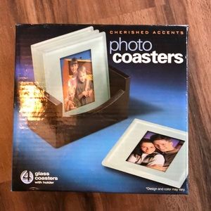 NIB Glass Photo Coasters Set with Holder